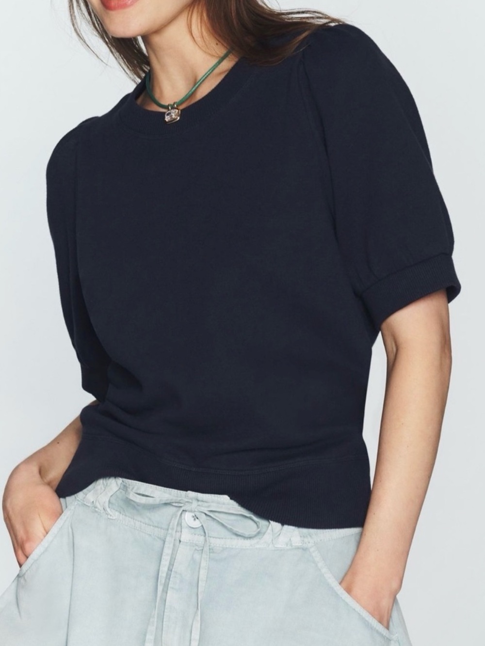 Anthropologie Maeve Puff-Sleeve Sweatshirt Tee in Navy Size XL Top